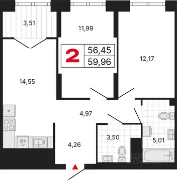 2-к кв. Свердловская область, Екатеринбург ул. Студенческая, 1Нк4 ...