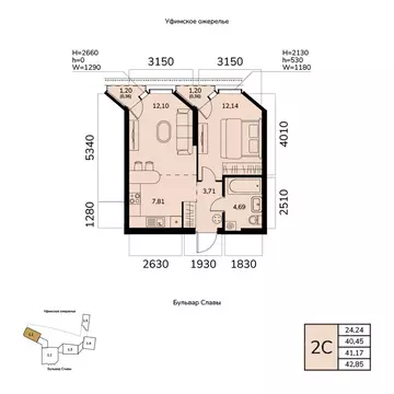 2-к кв. Башкортостан, Уфа ул. Чудинова (41.17 м)