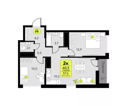 2-комнатная квартира: Тюмень, улица Андрея Приказнова, 1 (60.3 м)