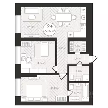 2-к кв. Башкортостан, Уфа Южный-2 мкр,  (77.27 м)