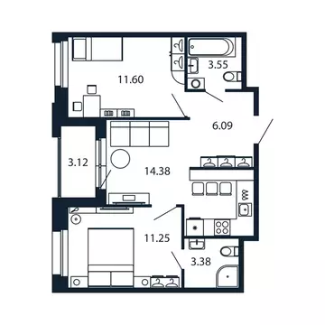 2-комнатная квартира: Новоселье, Центральная улица, 30к1 (49.9 м)