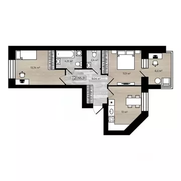 2-к кв. Ярославская область, Ярославль Клубная ул., 20А (55.31 м)