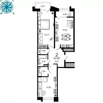 2-к кв. Рязанская область, Рязань ул. 1-я Железнодорожная (83.92 м)