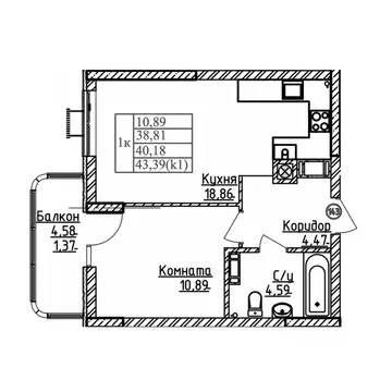 1-к кв. Калининградская область, Калининград ул. Дубовая Аллея (40.18 ...