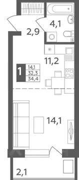1-к кв. Башкортостан, Уфа ул. Орджоникидзе, 34 (34.4 м)