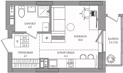 Студия Пермский край, Пермь Парковый просп., 36В (23.4 м)