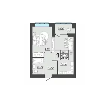 1-к кв. Брянская область, Брянск Архитектор жилой комплекс (42.6 м)