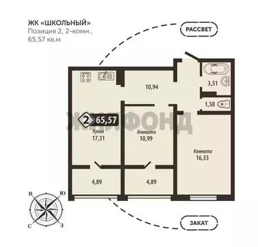 2-к кв. Брянская область, Брянск Школьный жилой комплекс (65.57 м)
