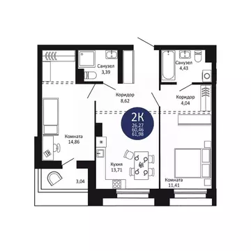 2-к кв. Новосибирская область, Новосибирск 1-й на Рябиновой жилой ...
