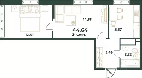 2-к кв. Башкортостан, Уфа ул. Ивана Спатара, 14 (44.64 м)