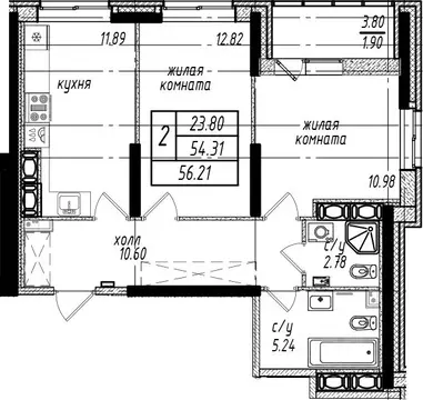 2-к кв. Санкт-Петербург пос. Парголово, ул. Валерия Гаврилина, 5 (57.3 ...