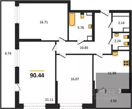 3-к кв. Воронежская область, Воронеж Бунин жилой комплекс (90.44 м)