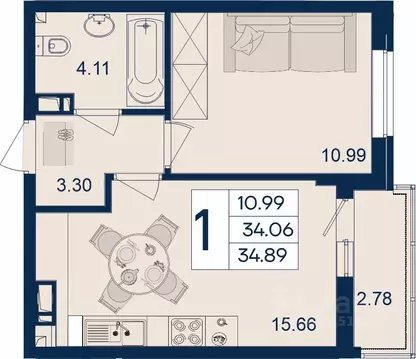 1-к кв. Краснодарский край, Краснодар  (34.89 м)