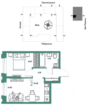 2-к кв. Тюменская область, Тюмень Береговая ул., 100к2 (34.28 м)