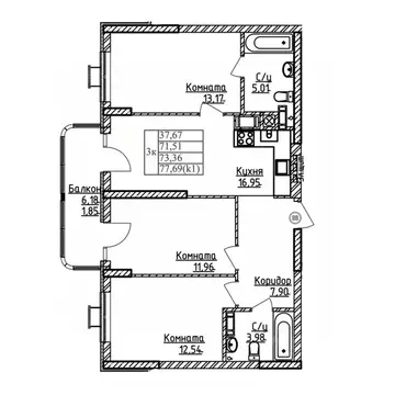 3-к кв. Калининградская область, Калининград ул. Дубовая Аллея (73.36 ...