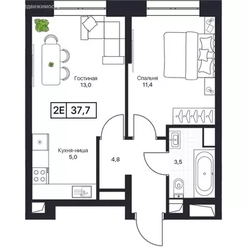 1-комнатная квартира: Пушкино, ЖК Пушкино Град (38.6 м)