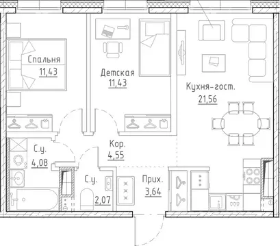 2-к кв. Санкт-Петербург наб. Черной речки, 35 (58.76 м)