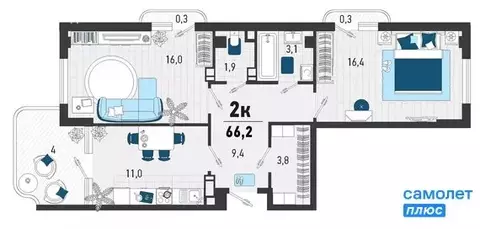 2-комнатная квартира: Агой, Конечная улица, 4 (66.2 м)