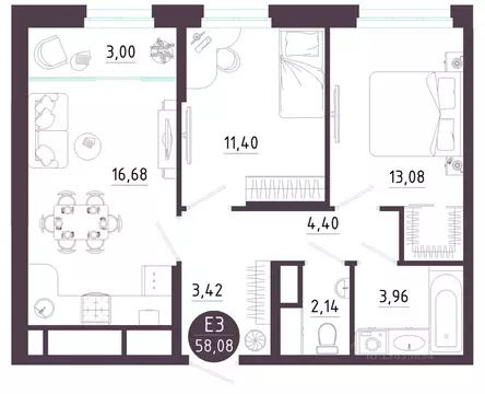 2-к кв. Тульская область, Тула ул. Купцов Гречихиных (58.08 м)