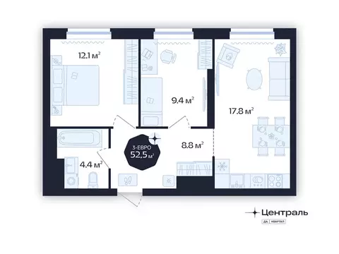 2-комнатная квартира: Тюмень, Новгородская улица, 20 (52.5 м)