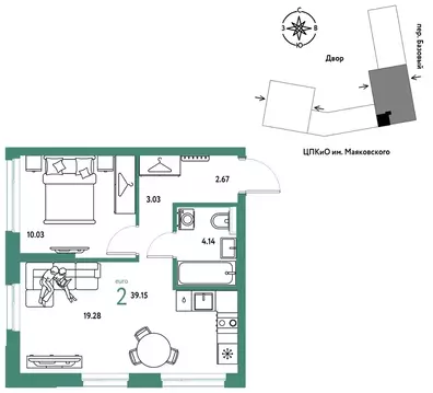 2-к кв. Свердловская область, Екатеринбург пер. Базовый, 10 (39.15 м)