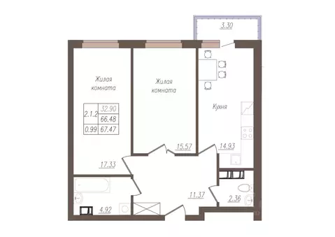 2-к кв. Орловская область, Орел ул. Генерала Родина, 66Ак1 (67.1 м)