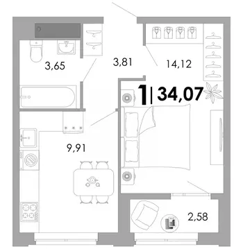 1-к кв. Владимирская область, Владимир Уно жилой комплекс (34.07 м)