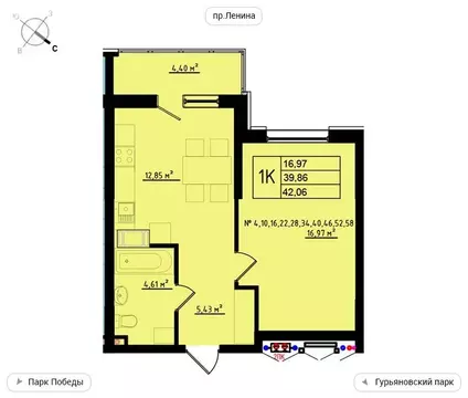 1-комнатная квартира: Обнинск, улица Мира, 2 (42.06 м)