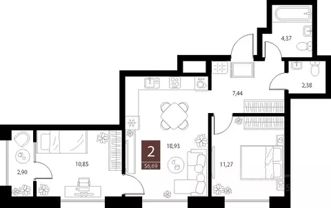 2-к кв. Рязанская область, Рязань ул. Бирюзова, 20с1 (56.69 м)