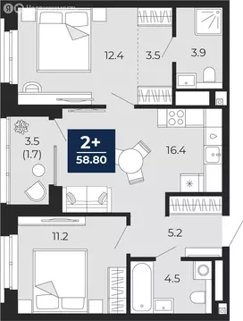 2-комнатная квартира: Тюмень, проезд Капитана Куликова, 5 (60.6 м)