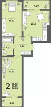 2-к кв. Калининградская область, Калининград ул. Генерала Толстикова, ...