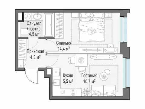 1-комнатная квартира: Мытищи, жилой комплекс Белый Grad, 12.2 (39.4 м)