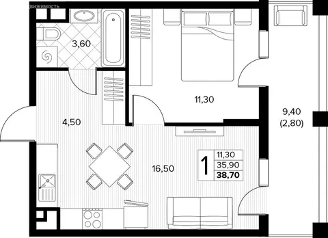1-комнатная квартира: село Сукко, жилой комплекс Кипарис (38.7 м)