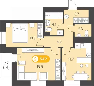 2-к кв. Удмуртия, Ижевск Воткинское ш., 53к1 (54.9 м)