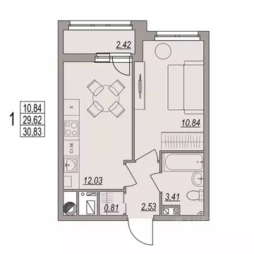 1-к кв. Волгоградская область, Волгоград ул. Дымченко, 9 (30.83 м)