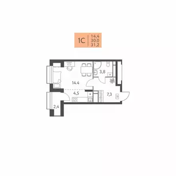 Студия Пермский край, Пермь ул. Левченко, 8 (31.2 м)