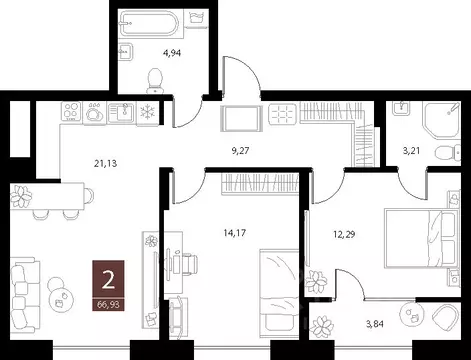2-к кв. Рязанская область, Рязань ул. Бирюзова, 20с1 (66.93 м)