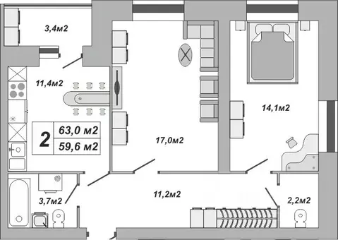 2-к кв. Тамбовская область, Тамбов ул. Чичерина, 7/3 (63.0 м)