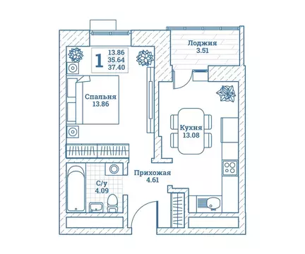 1-комнатная квартира: Монино, улица Генерала Ковачевича, 5к1 (37.6 м)