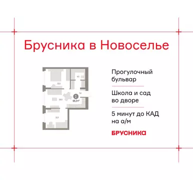 2-комнатная квартира: городской посёлок Новоселье, ЖК Брусника (55.23 ...