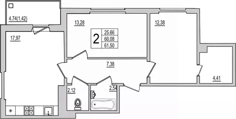 2-к кв. Псковская область, Псков Рижский просп., 94Г (61.5 м)