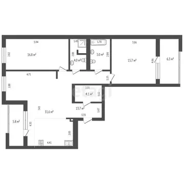 2-комнатная квартира: Тюмень, улица Пожарных и Спасателей, 5 (90.9 м)