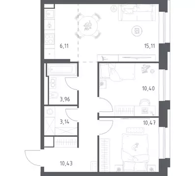 2-к кв. Москва Верейская 41 жилой комплекс, 1.1 (59.62 м)