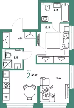 2-к кв. Свердловская область, Екатеринбург ул. Шефская, 28А (43.22 м)