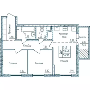 2-к кв. Мордовия, Саранск Центр жилрайон,  (56.93 м)