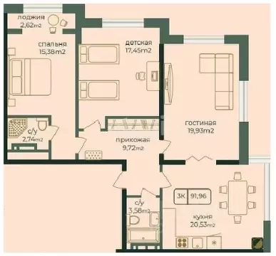 3-к кв. Дагестан, Каспийск просп. Акулиничева (91.96 м)