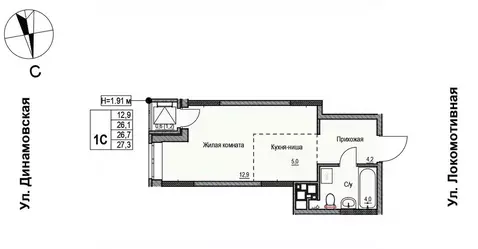 1-к кв. Удмуртия, Ижевск Локомотивная ул., 2 (26.9 м)