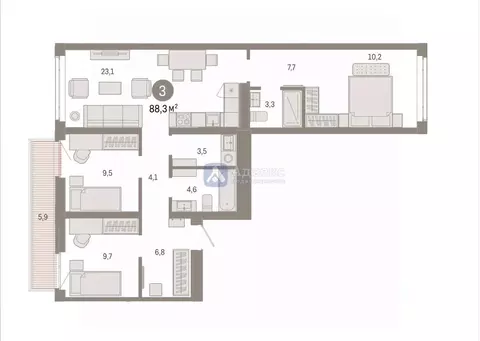 3-к кв. Тюменская область, Тюмень ул. Республики, 205к3 (88.32 м)