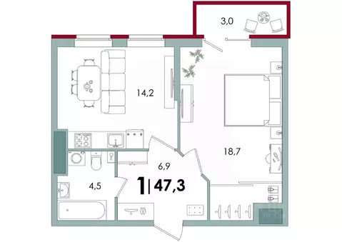 1-к кв. Тверская область, Тверь Южный жилой комплекс (47.3 м)