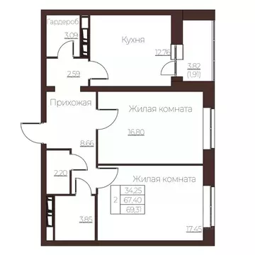 2-к кв. Орловская область, Орел ул. Левый Берег реки Оки, 21к1 (69.31 ...